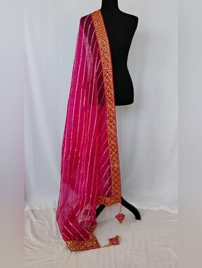 Embroidered Leheriya Pink  Dupatta with Gold Border